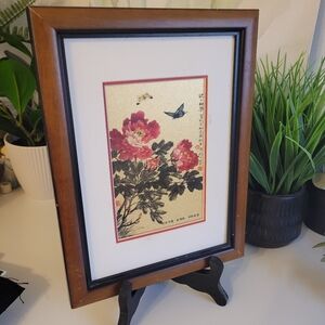 Traditional Framed Asian Chinese Artwork Of Tree Peonies And Butterflies On Gold